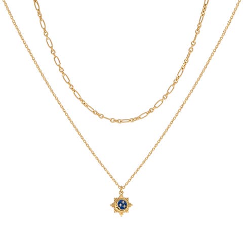 Reflected Bliss Gold Moon & Stars Double Chain Gold Necklace