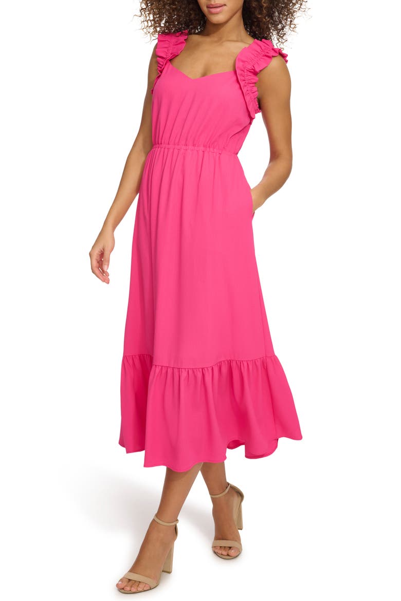 Ruffle Sleeveless Fit & Flare Midi Dress, Alternate, color, HOT PINK