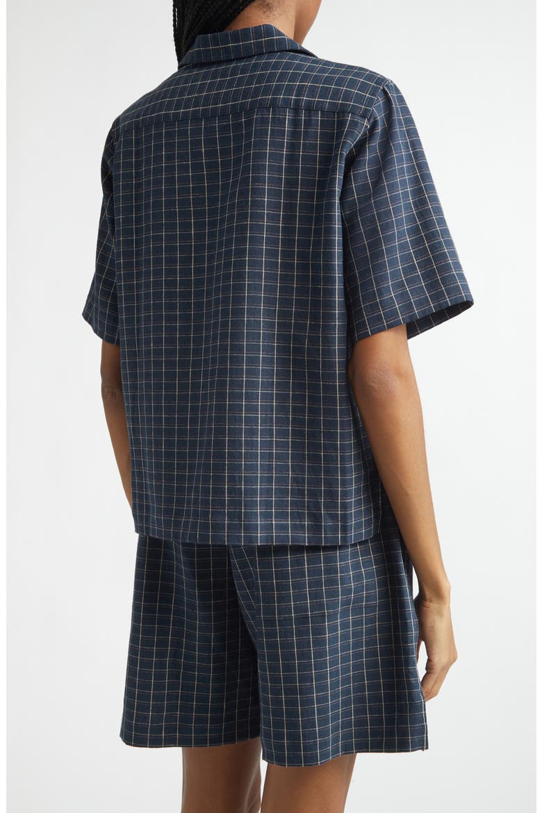 London Windowpane Check Stretch Linen Bowling Shirt, Alternate, color, NAVY / IVORY / RUST