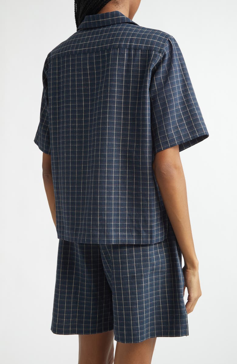 Wales Bonner London Windowpane Check Stretch Linen Bowling Shirt, Alternate, color, Navy / Ivory / Rust