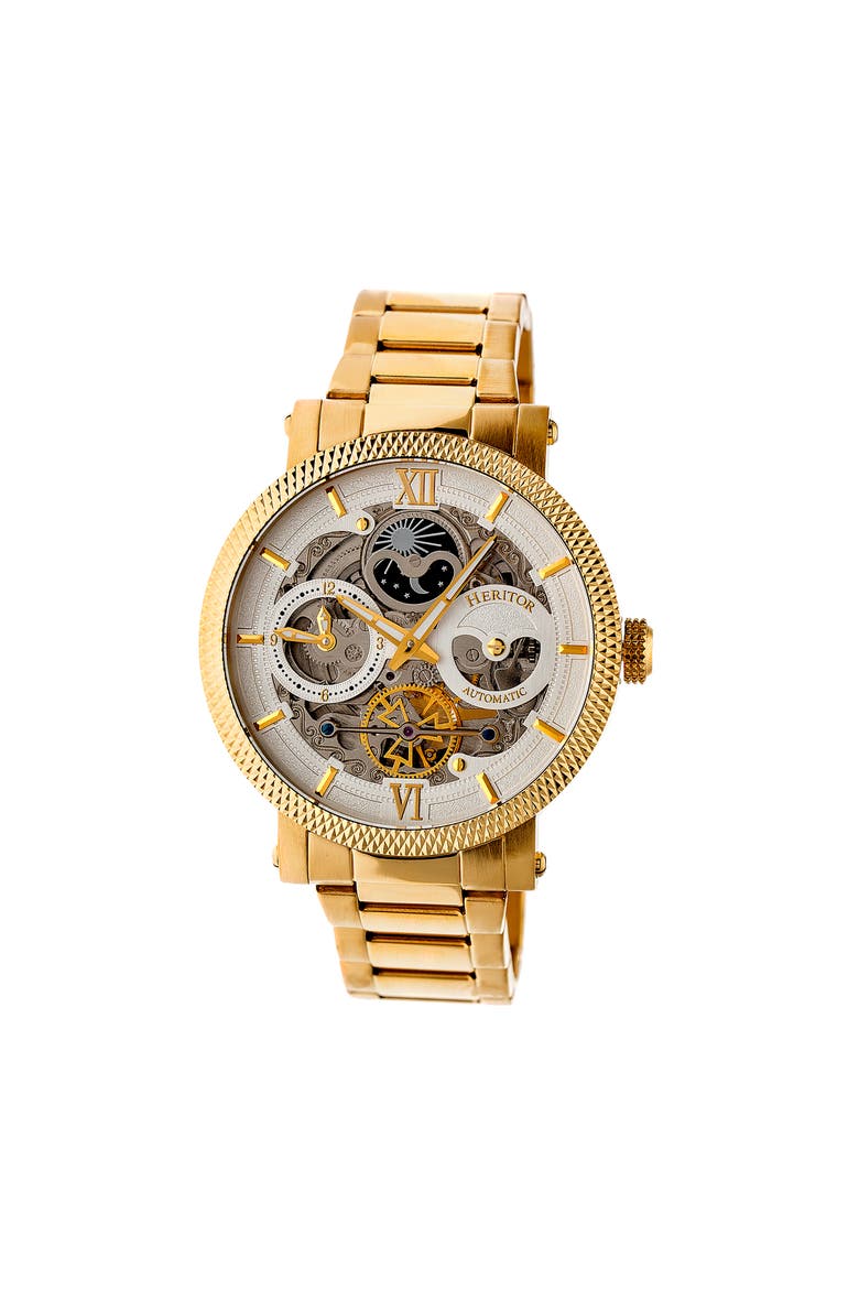 Aries Skeleton Leather-Band Watch, Main, color, Gold/Silver