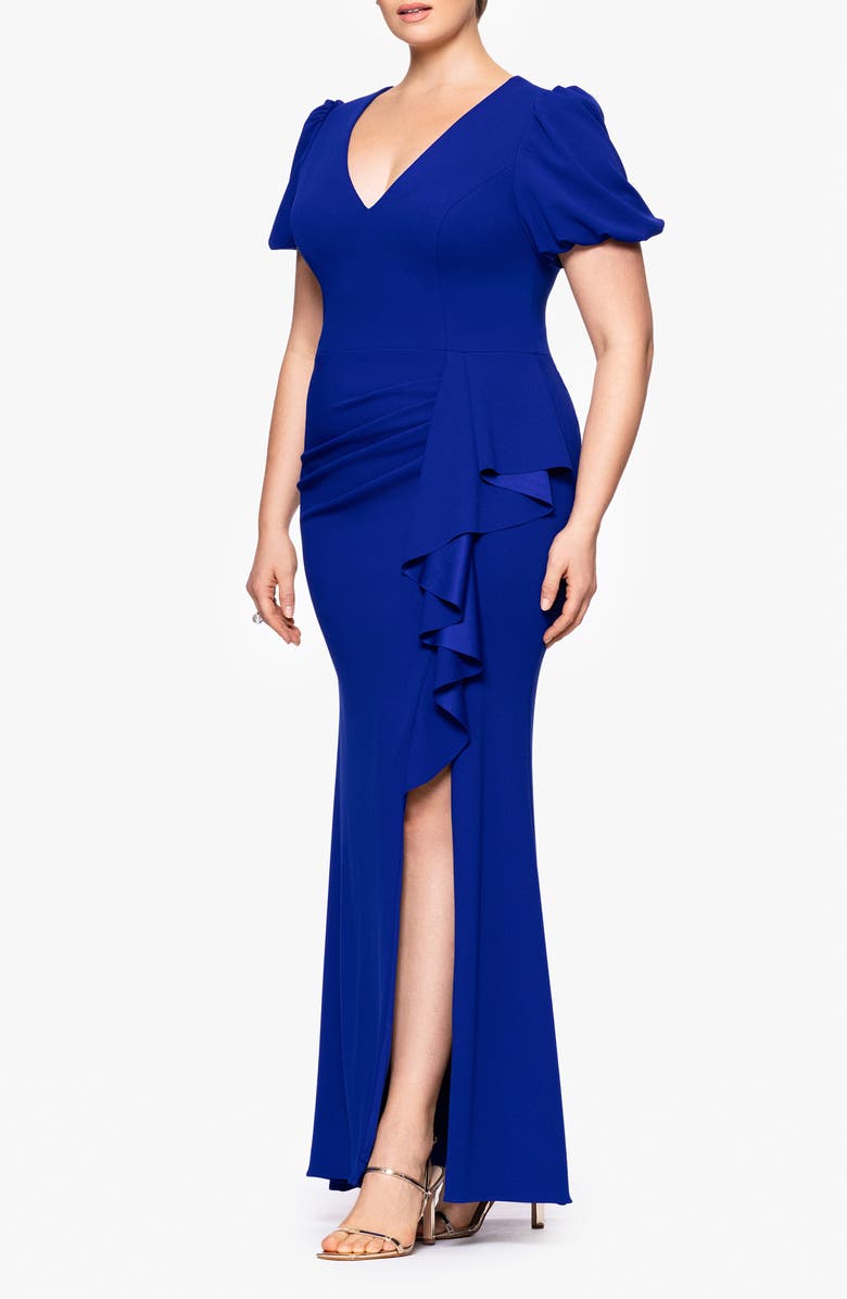 Xscape Evenings Side Ruffle Scuba Crepe Gown, Alternate, color, 