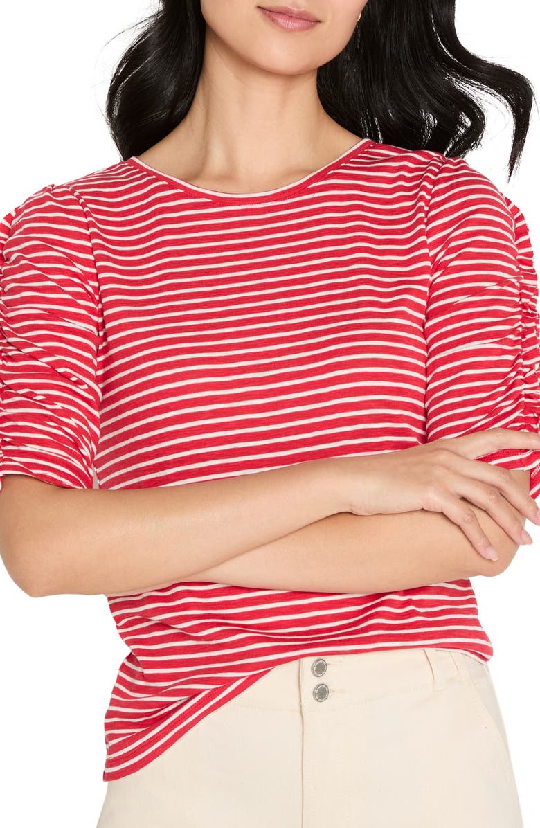 NZT by NIC+ZOE Striped Ruched Sleeve Top, Main, color, Red Multi