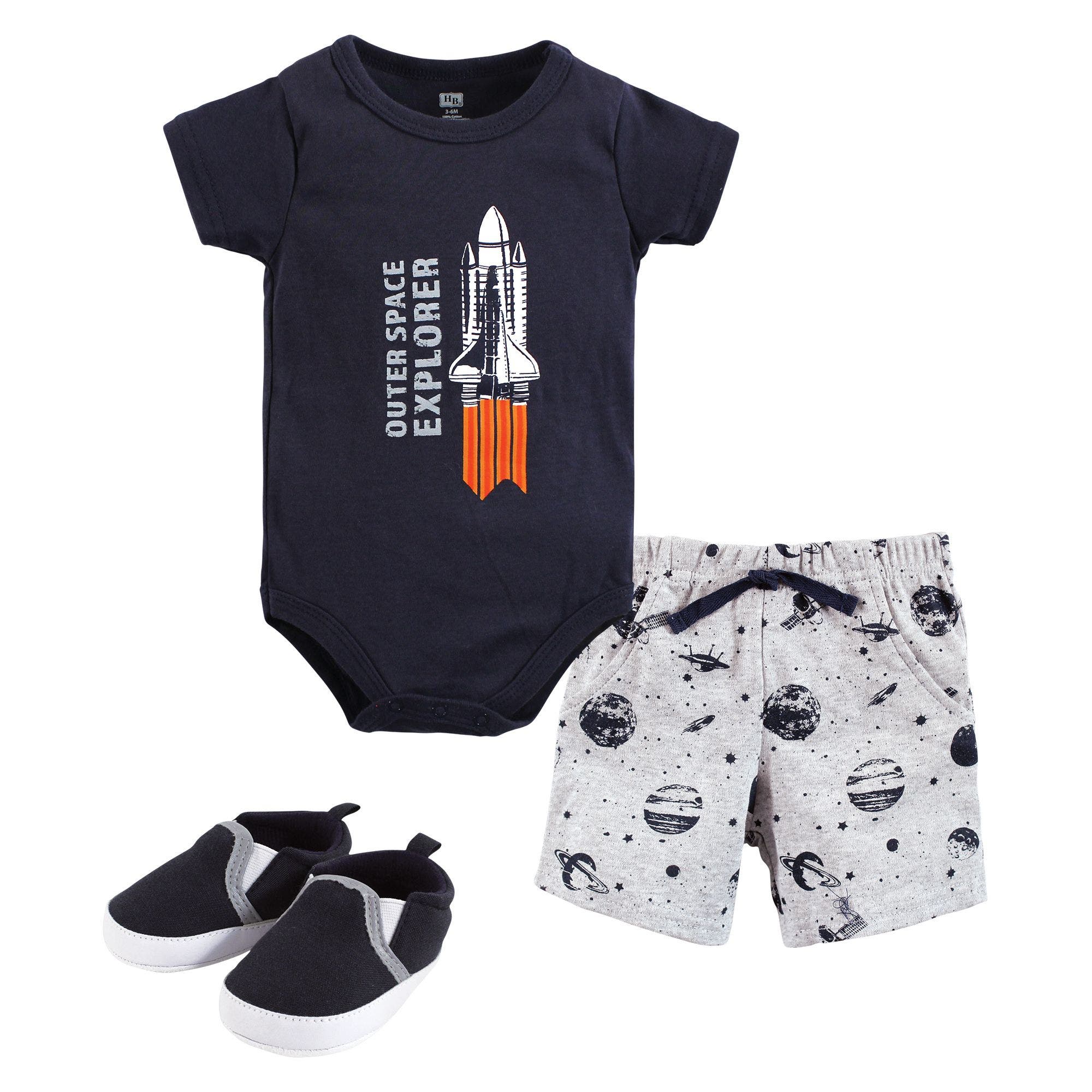 Hudson Baby Little Gent's Soft Cotton Bodysuit, Shorts & Footwear 3pk In Gray
