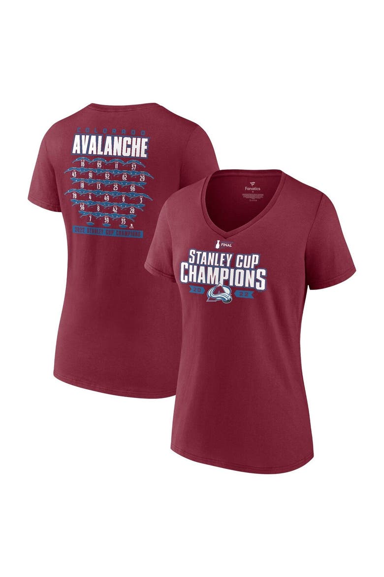 Women's Fanatics Branded Burgundy Colorado Avalanche 2022 Stanley Cup Champions Jersey Roster V-Neck T-Shirt, Main, color, Burgundy