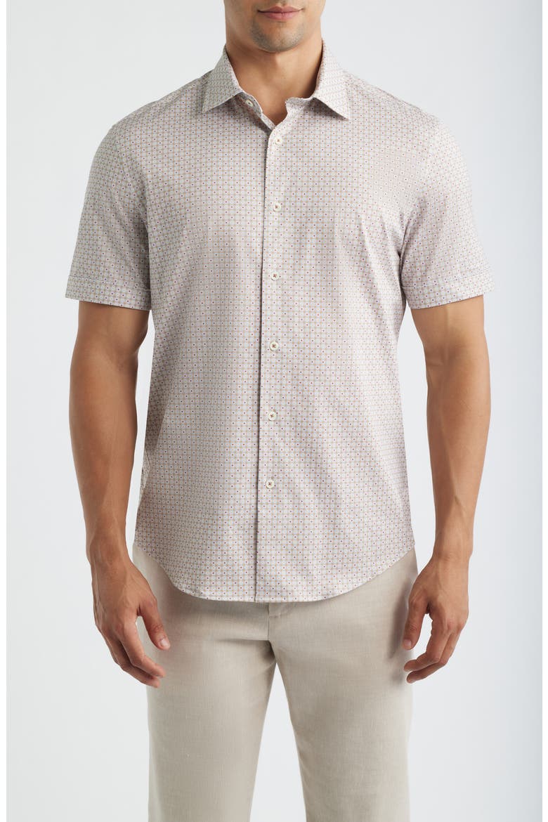 Miles OoohCotton® Geo Print Short Sleeve Button-Up Shirt, Main, color, SIENNA