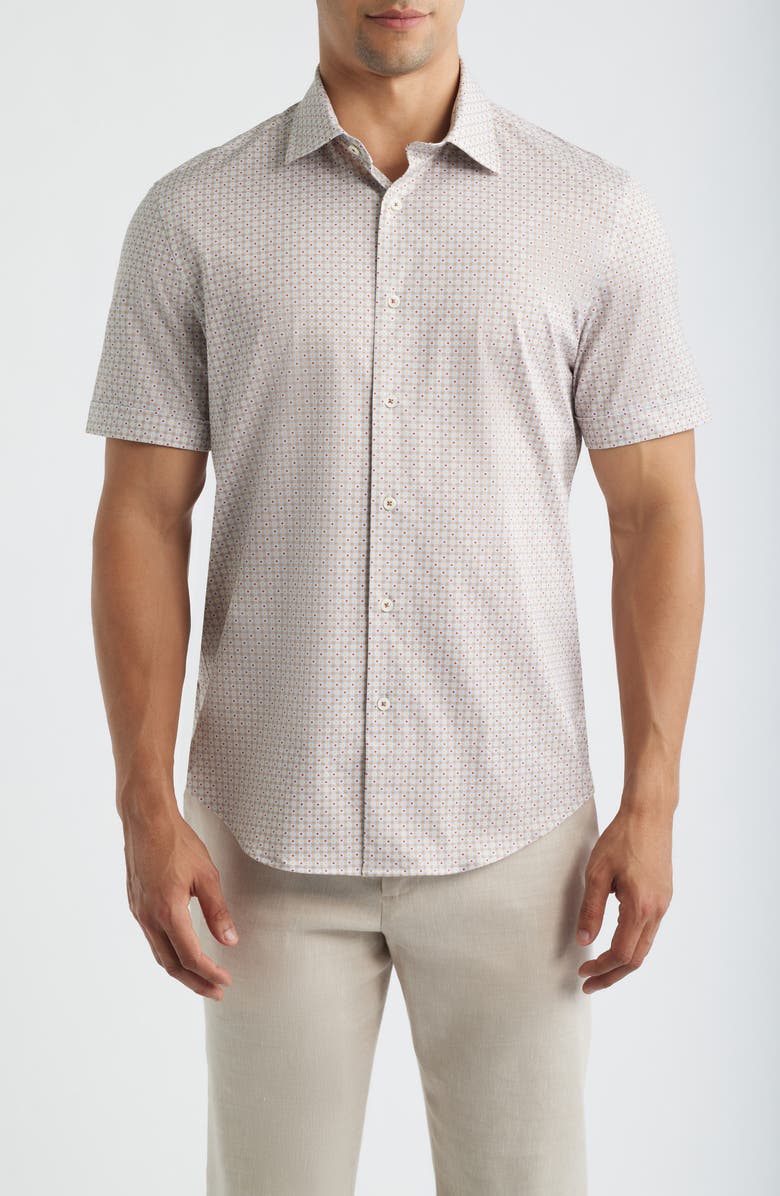 Bugatchi Miles OoohCotton<sup>®</sup> Geo Print Short Sleeve Button-Up Shirt, Main, color, Sienna
