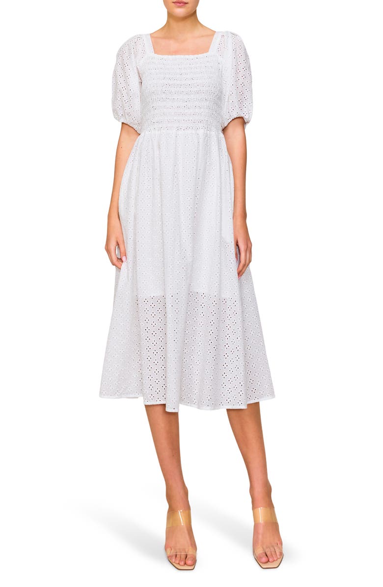 MELLODAY Embroidered Eyelet Puff Sleeve Smocked Midi Dress, Main, color, White
