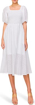 MELLODAY Embroidered Eyelet Puff Sleeve Smocked Midi Dress