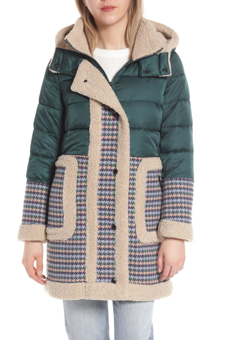 Mix Media Puffer Hooded Coat, Alternate, color, EMERALD/ PURPLE MULTI TWEED