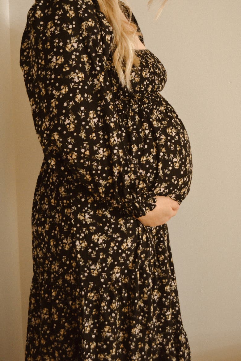 Floral Smocked Long Sleeve Maxi Dress, Alternate, color, Black
