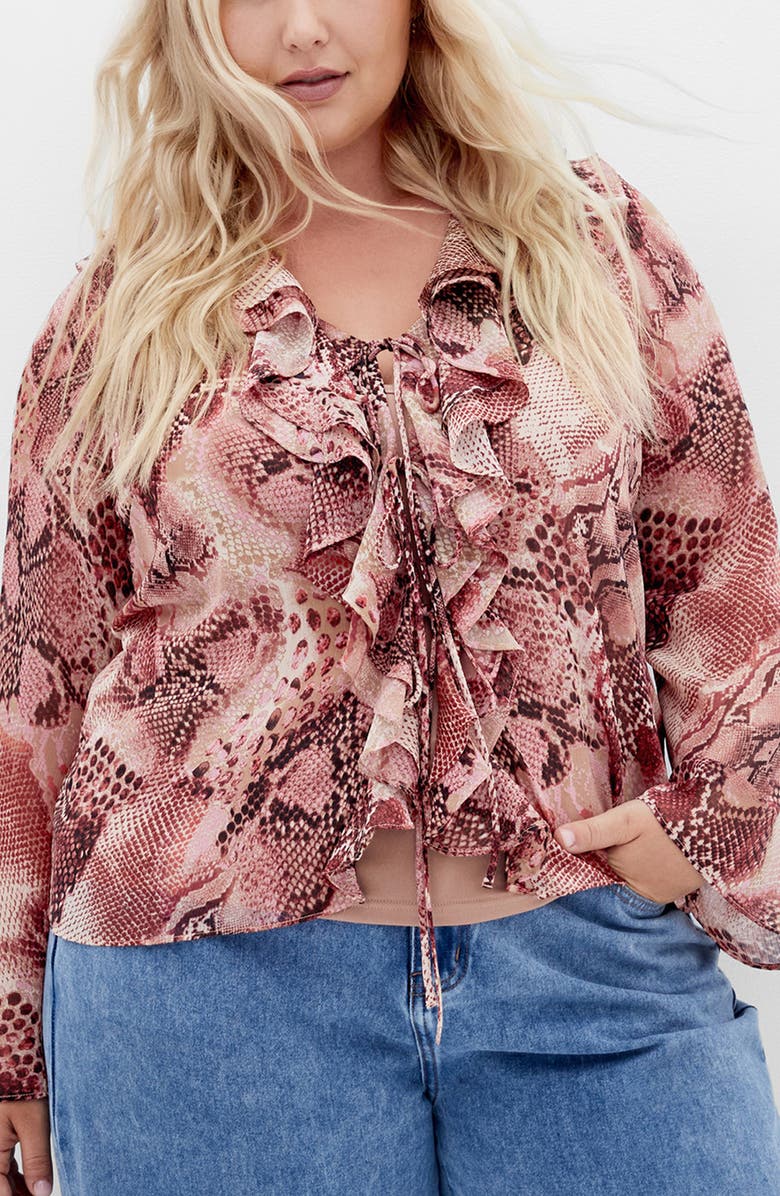 City Chic Vivid Mesh Ruffle Top, Main, color, Viper