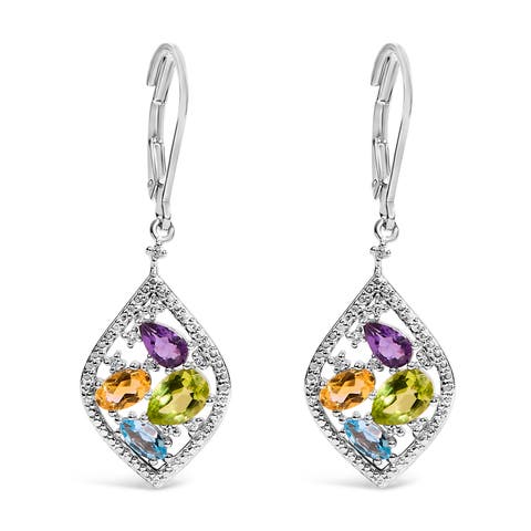 Sterling Silver Diamond Accent Multi Stone Rhombus Drop Earrings