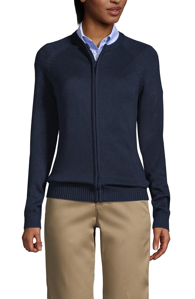 Lands' End School Uniform  Cotton Modal Zip-front Cardigan Sweater, Main, color, Classic Navy