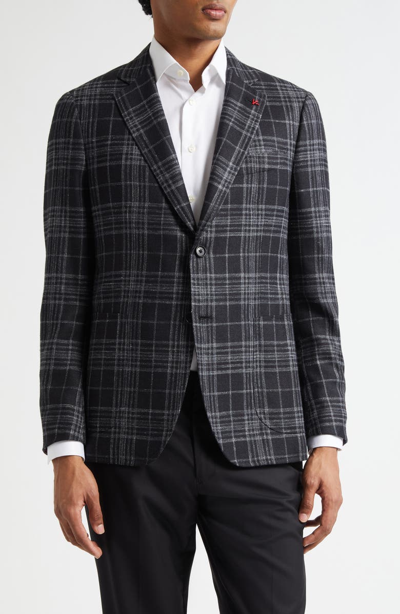 ISAIA Window Plaid Wool, Silk & Linen Sport Coat, Main, color, Black 990