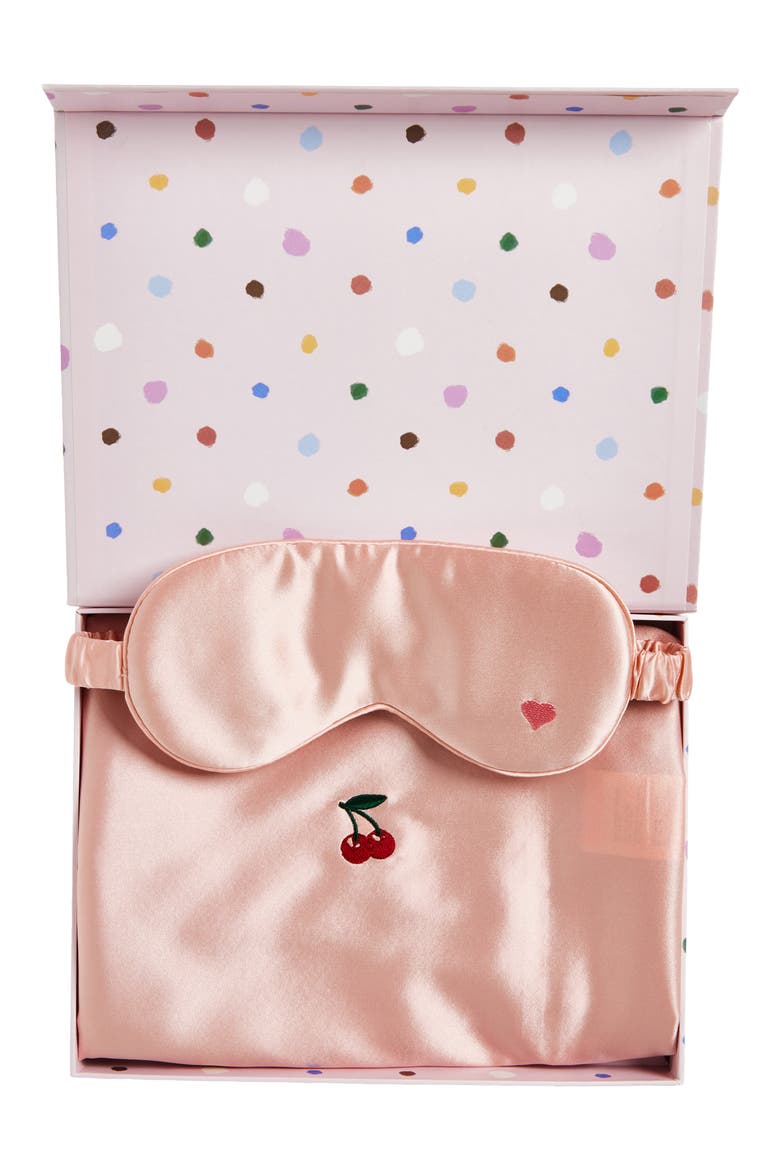 Embroidered Satin Pillowcase & Sleep Mask Set, Alternate, color, PINK/ HEART/ CHERRY