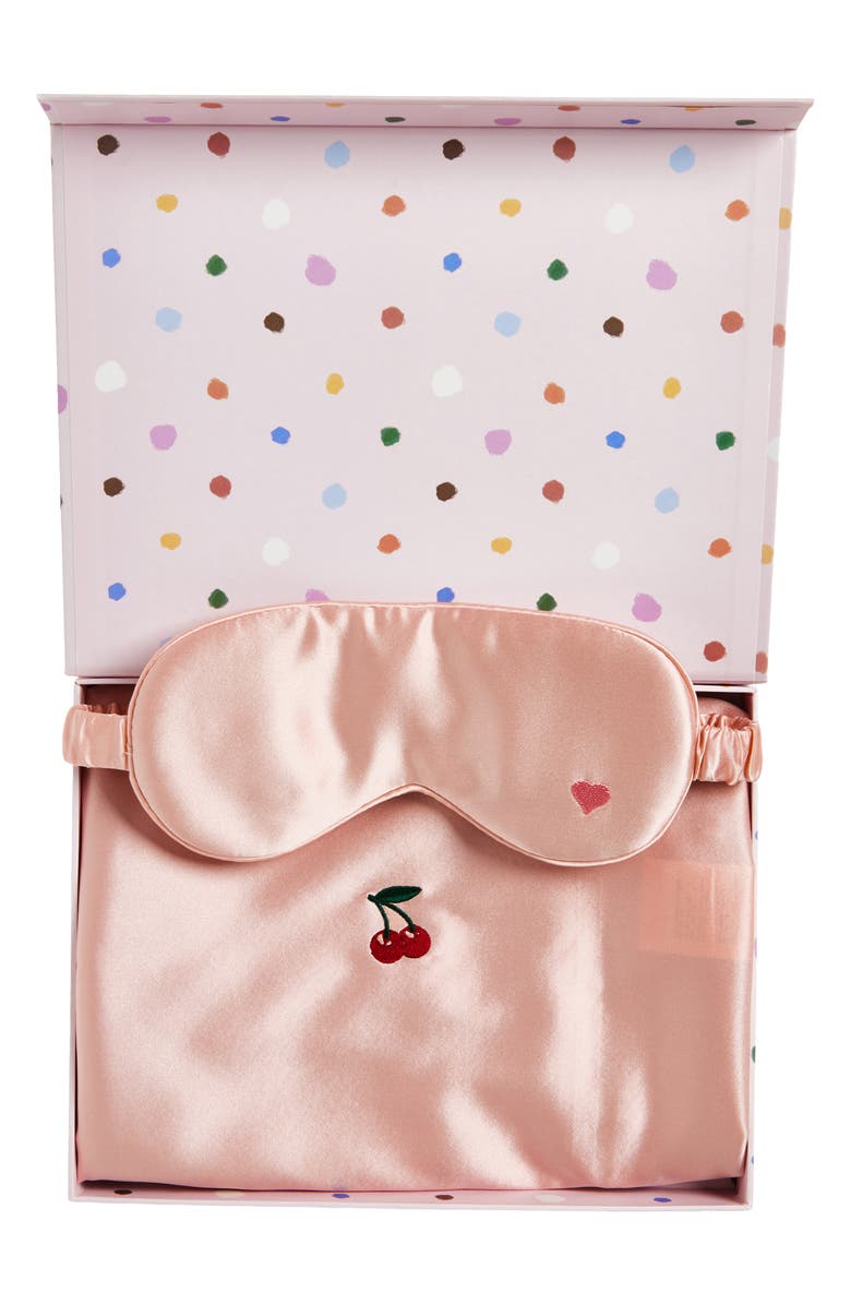 Lost Pattern Embroidered Satin Pillowcase & Sleep Mask Set, Alternate, color, Pink/ Heart/ Cherry