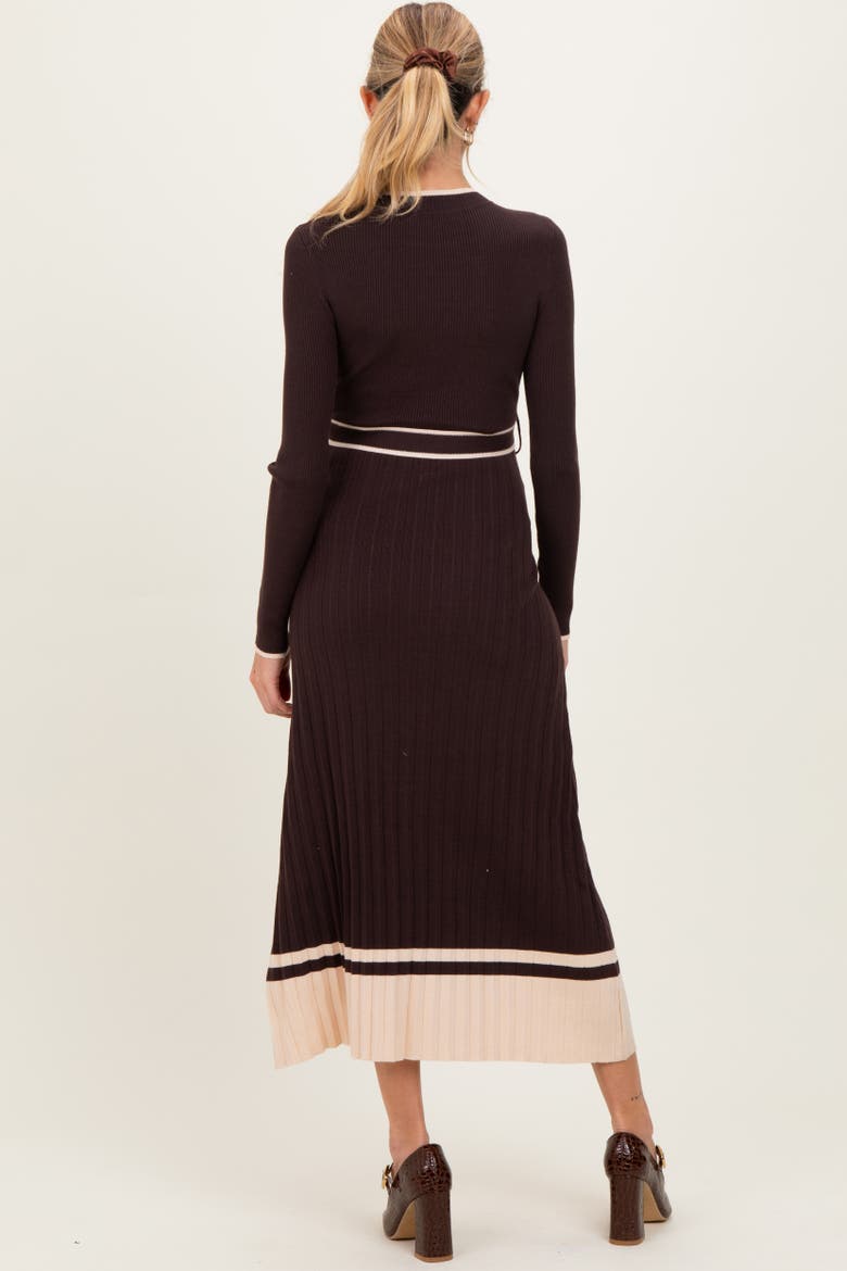 Ribbed Midi Sweater Dress With Belt, Alternate, color, Brown