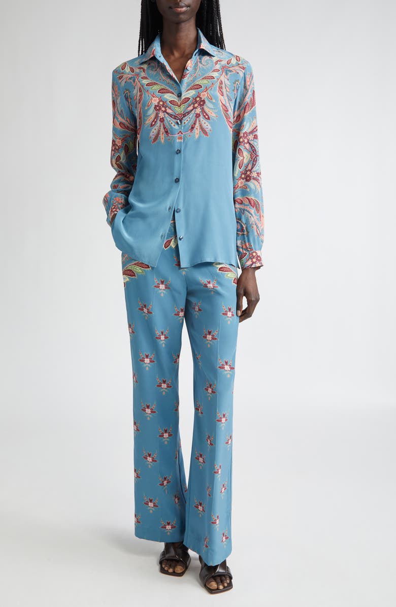 Etro Floral Paisley Silk Flare Leg Pants, Alternate, color, Printed Blue Base