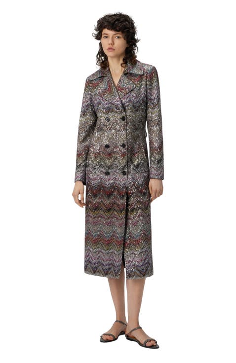 Long Double-breasted Trench Coat With Wavy Zigzag Pattern