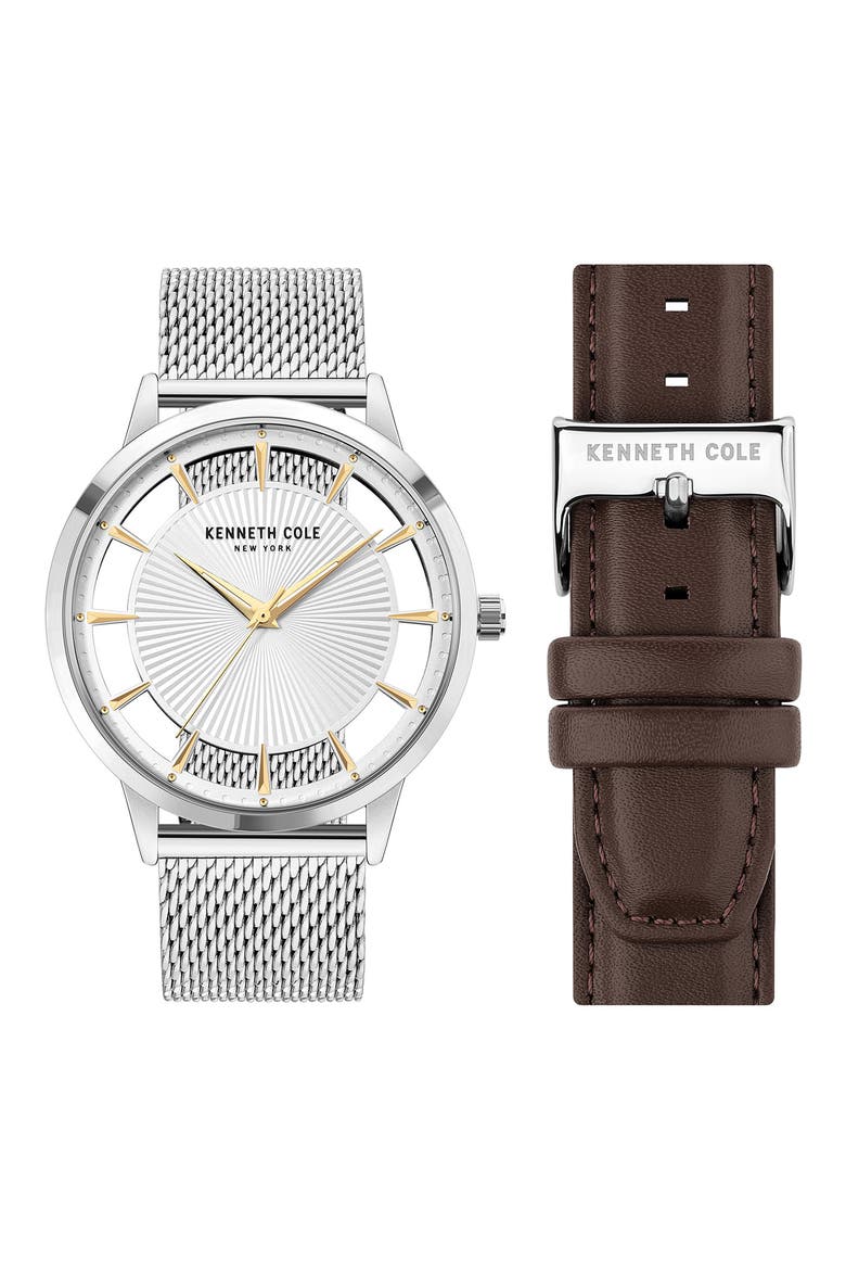 Three-Hand Quartz Watch with Interchangeable Straps, 45mm, Main, color, SILVER / BROWN