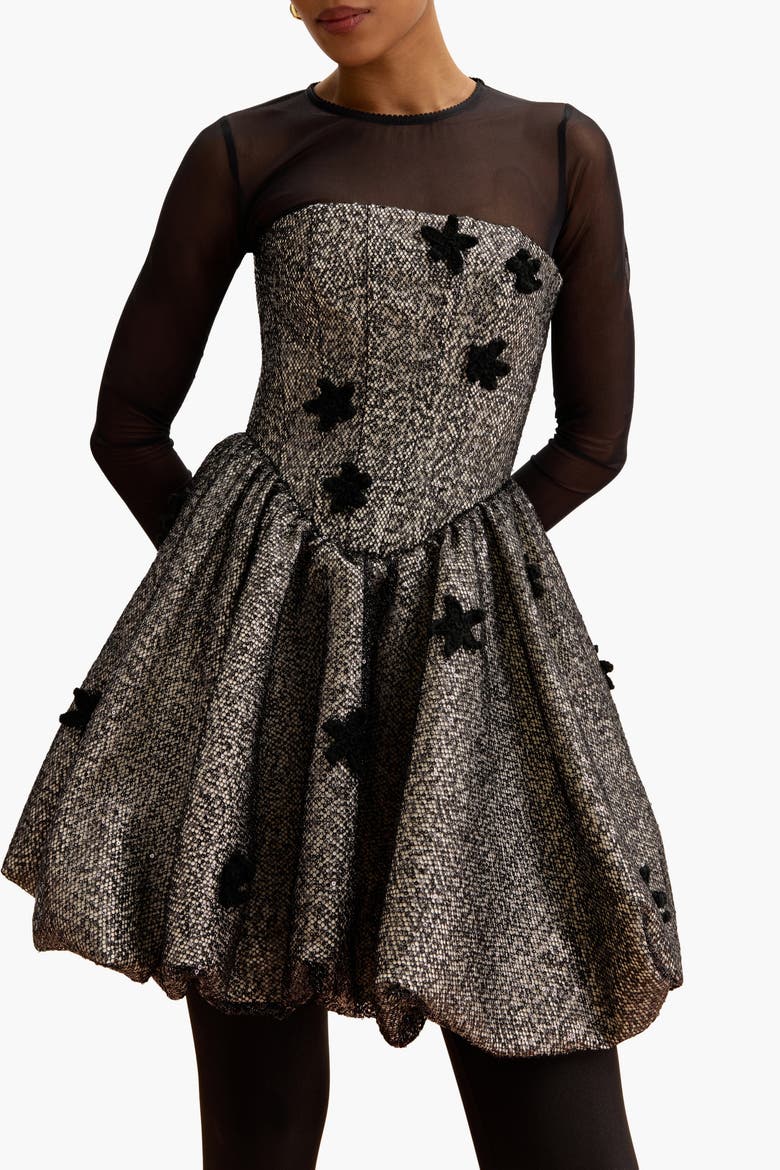 Sequin Balloon-Hem Mini Dress With Crochet Florals, Alternate, color, Black