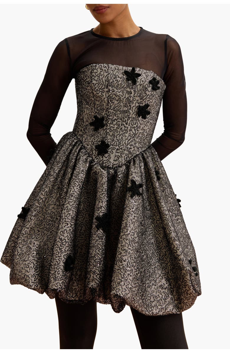 Malva Florea Sequin Balloon-Hem Mini Dress With Crochet Florals, Alternate, color, Black