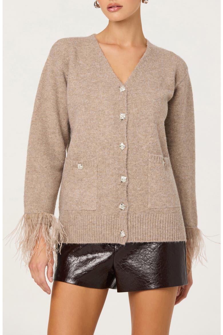 Grie Crystal Embellished & Feather Trim Cardigan, Main, color, TAUPE