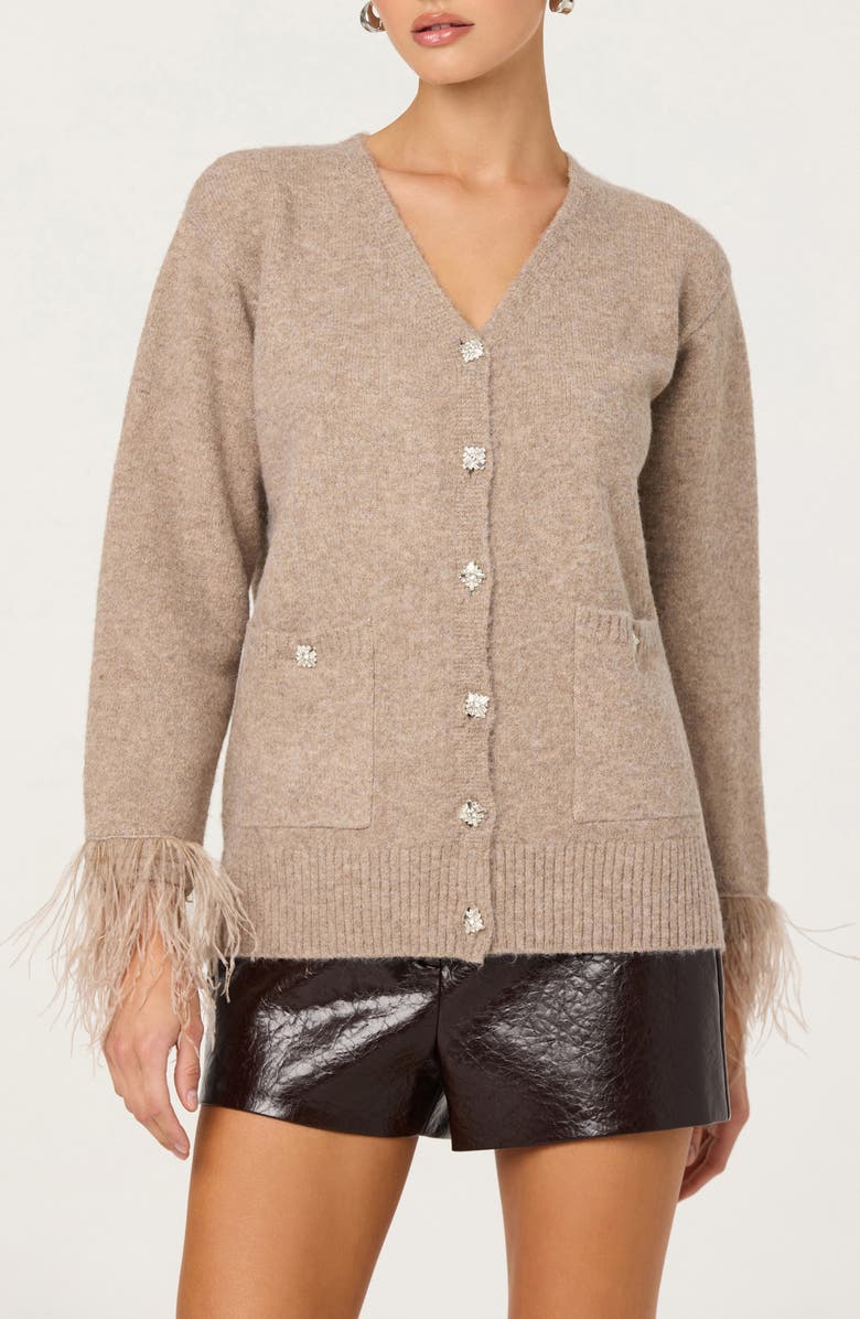 ASTR the Label Grie Crystal Embellished & Feather Trim Cardigan, Main, color, Taupe