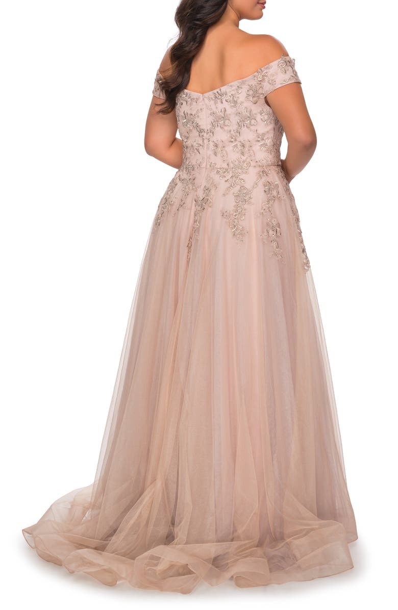 La Femme Lace & Tulle Off-Shoulder Gown, Alternate, color, 