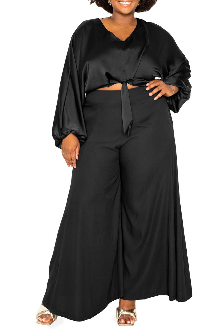 Tie Front Long Sleeve Satin Blouse, Alternate, color, BLACK