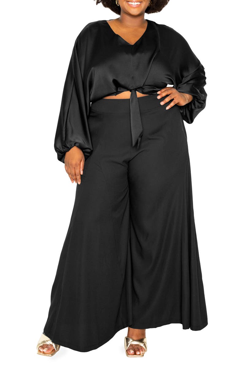 BUXOM COUTURE Tie Front Long Sleeve Satin Blouse, Alternate, color, 