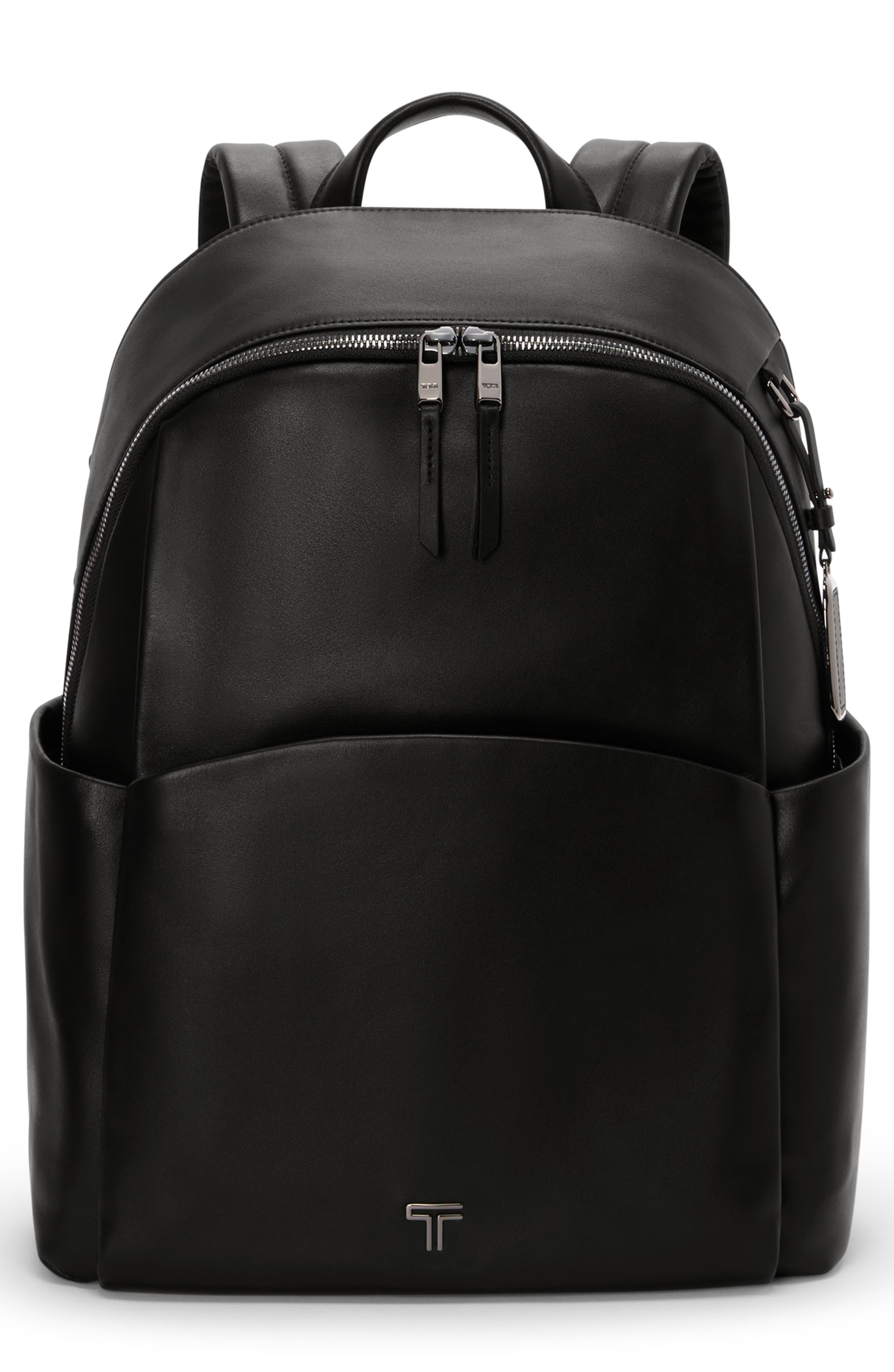 TUMI Raina Large Leather Backpack, Main, color, Black/ Gunmetal