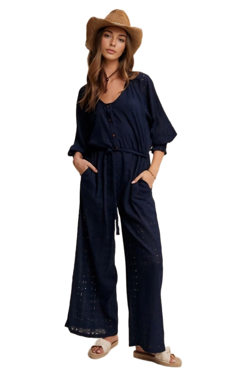 Knit and Lounge Eyelet Wide-Leg Adjustable Waist Jumpsuit, Alternate, color, Navy Eyelet
