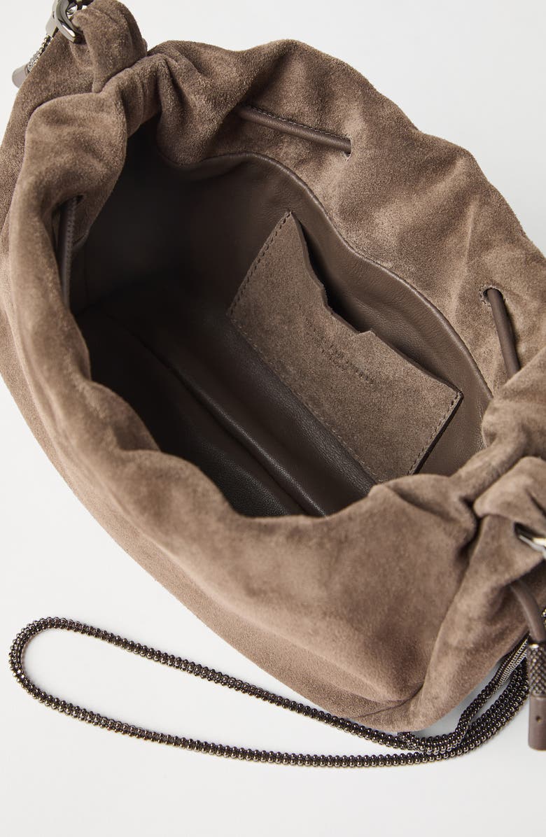 Brunello Cucinelli Suede mini Mellow Bucket bag, Alternate, color, Light Brown