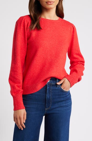 Caslon ® Puff Sleeve Cotton Blend Crewneck Sweater
