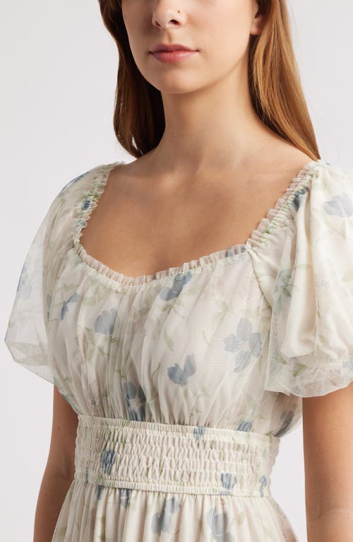 Moon River Floral Short Sleeve Tiered Mesh Midi Dress In Ivory Multi
