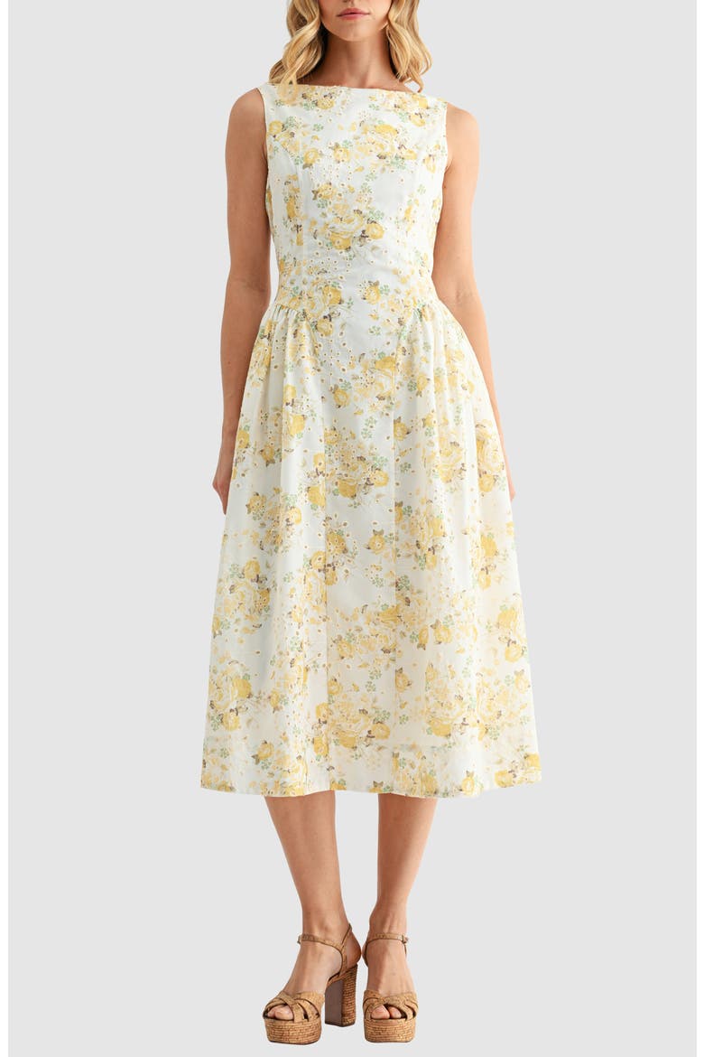 Floral Eyelet Fit & Flare Midi Dress, Main, color, YELLOW FLORAL