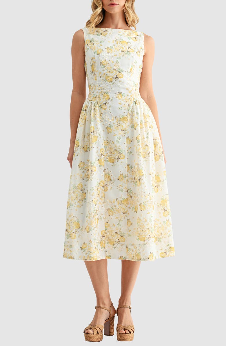 Mila Mae Floral Eyelet Fit & Flare Midi Dress, Main, color, Yellow Floral