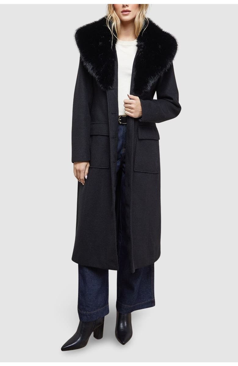 Oasis Faux Fur Collar Belted Coat, Alternate, color, Black