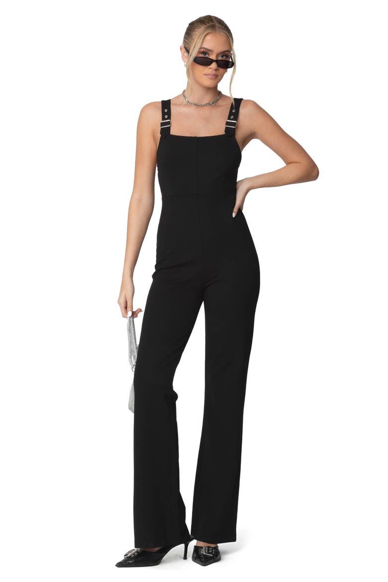 Bianka Buckle Strap Flare Jumpsuit, Alternate, color, BLACK