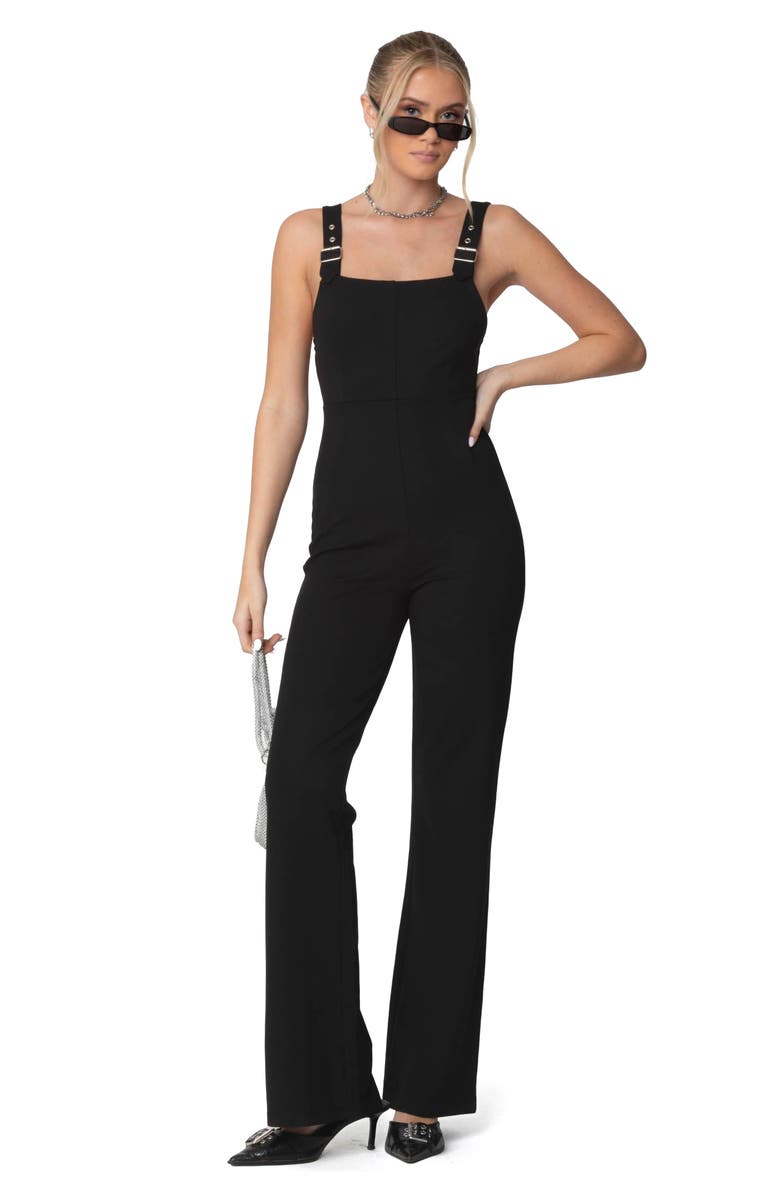 EDIKTED Bianka Buckle Strap Flare Jumpsuit, Alternate, color, Black