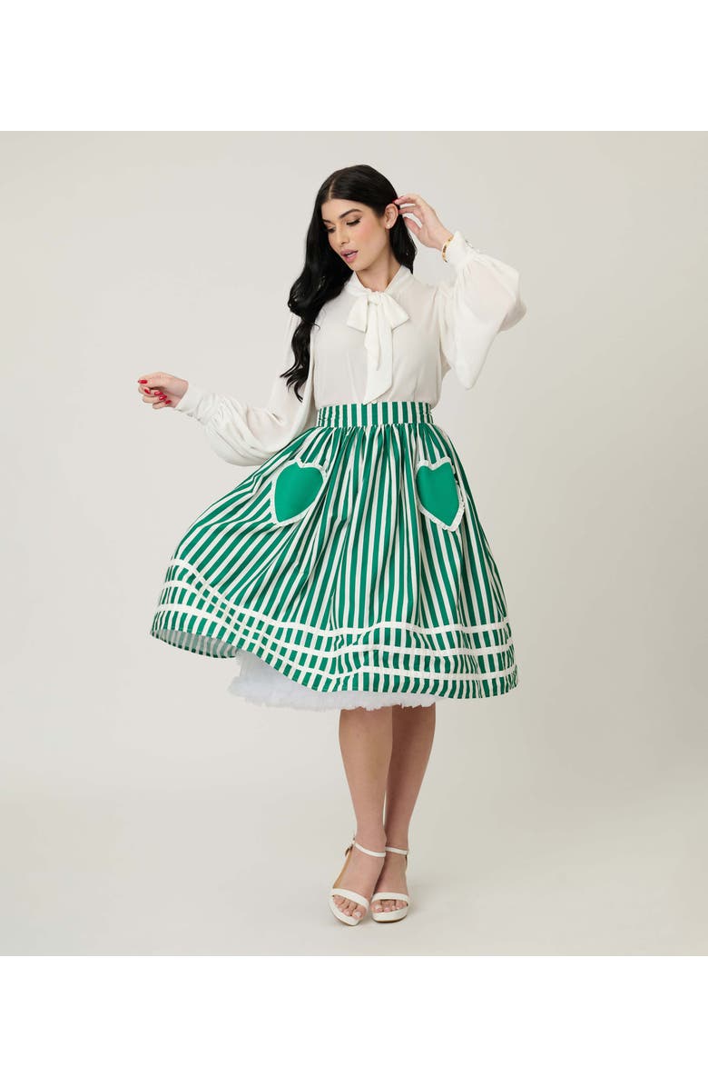 Unique Vintage Front Pocket Swing Skirt, Main, color, Green & White Stripe