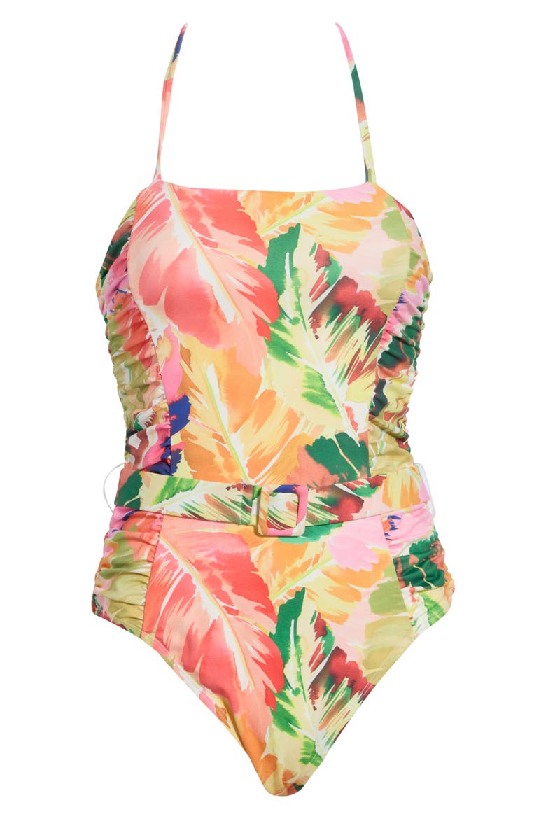 Kylah Shirred Belted One-Piece Swimsuit, Main, color, BLOTTED TROPICAL MULTI