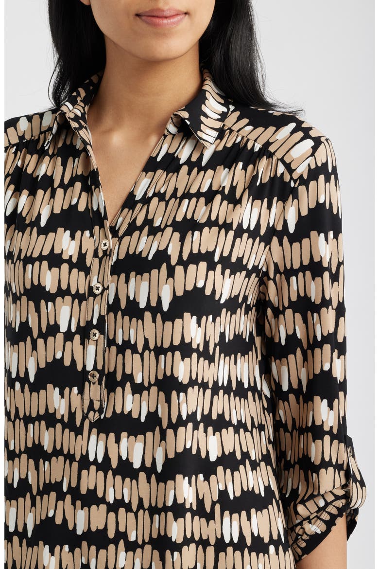 Print Three-Quarter Sleeve Button-Down Shirt, Alternate, color, VICUNA MULTI
