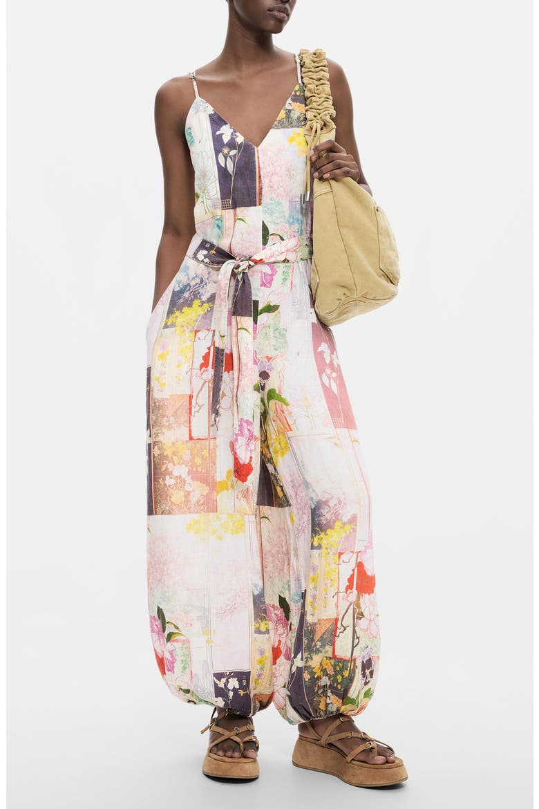 Floral Patchwork Belted Jumpsuit, Main, color, BLACK MULTI