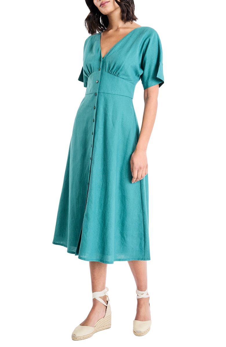 Maggy London Flutter Sleeve Flare Linen Blend Midi Dress, Alternate, color, North Sea