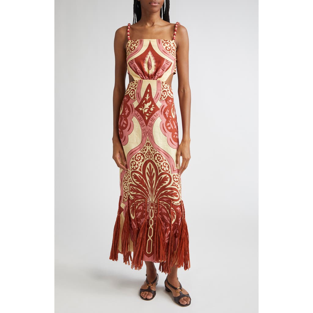Johanna Ortiz Counter Rhythm Cutout Fringe Trim Linen Maxi Dress In Multi