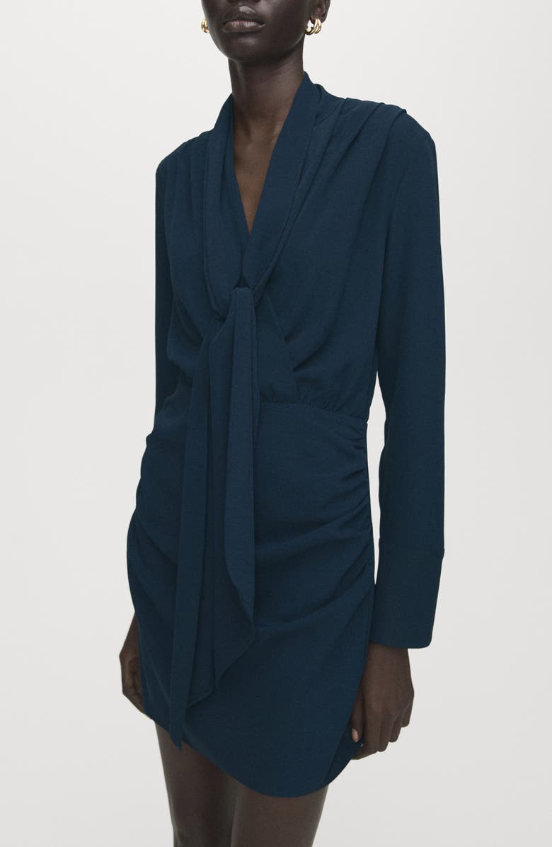 MANGO Foulard Drape Long Sleeve Dress, Main, color, Navy