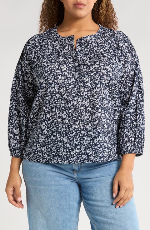 Print Split Neck Cotton Popover Top